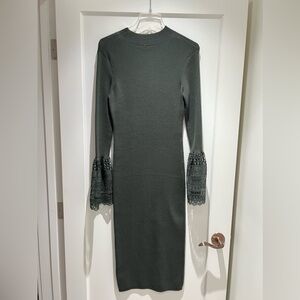 ASOS Khaki Green Ribbed Midi Dress with Crochet sleeve